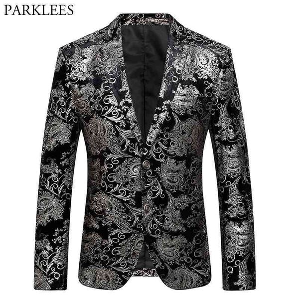 Mens Sliver Paisley Bronzing Notched Lapel Vestido de Veludo Blazers Marca Homens Slim Fit Terno Blazer para Festa de Casamento Prom 210522