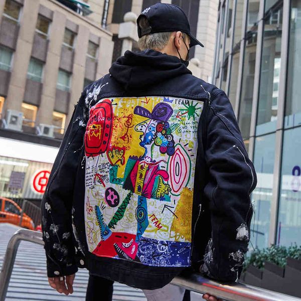 

downs men's streetwear graffiti applique print jacket hip hop fashionable loose cotton motorcycle casual denim jacke, Black
