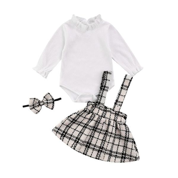 

clothing sets 3pcs baby girls skirt outfits 0-18 month born long sleeves romper + plaid suspenders headband casual clothes set, White