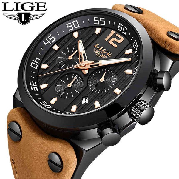 

relogio masculino 2021 lige fashion sports mens watches brand luxury waterproof leather strap quartz wrist watches men clock x0524, Slivery;brown