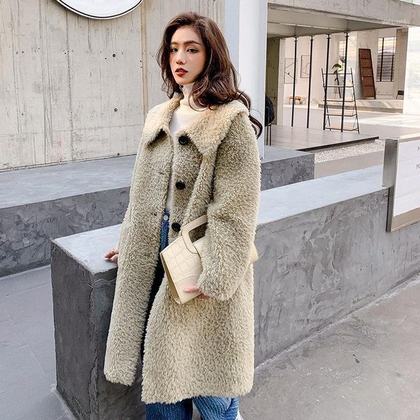 

women's fur & faux simple wool cashmere coat autumn winter fashion jacket loose long leisure thick warm turn-down collar outwea, Black