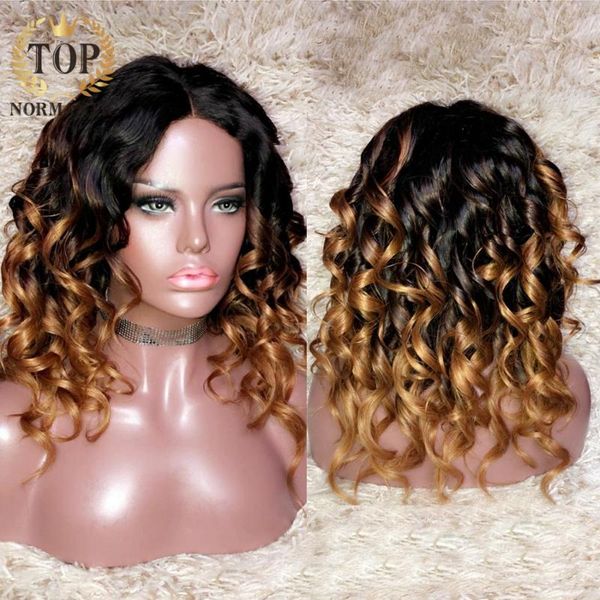 

ormantic ombre color loose wave wig for women lace front remy human hair wigs with preplucked hairline, Black;brown