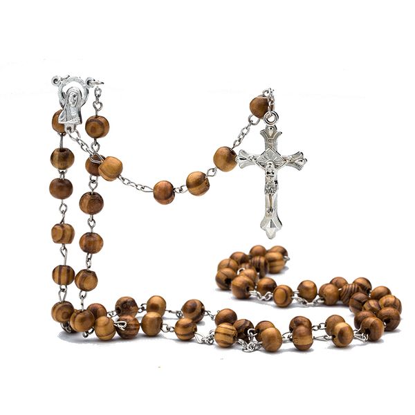 Collana di design Gioielli di lusso Moda di alta qualità Rosario Perline di legno Fai da te Per uomo Donna Vergine Maria Gesù Cristo Croce Ciondolo a catena lunga