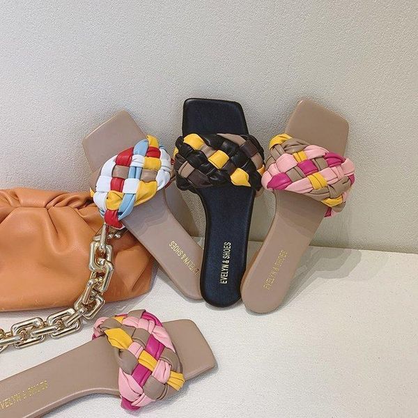 

slippers multicolored sandals shoes low soft slides slipers women fashion comfort flat summer 2021 luxury sewing pu casual fabri, Black