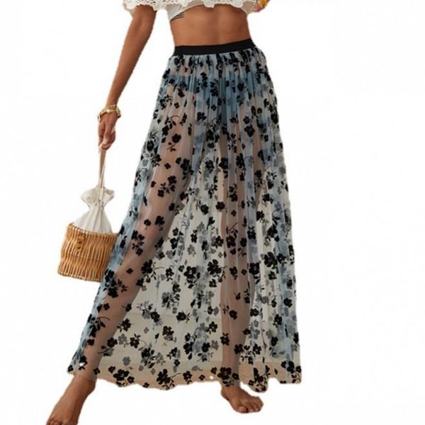

women's swimwear mesh cover up skirt women swimsuit elastic high waist loose long summer floral print elegant beach ups, White;black