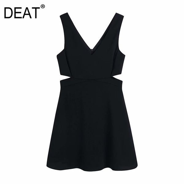 

[deat] black casual loose sleeveless hollow out high waist v-neck show dress women summer fashion 13c291 210527, Black;gray