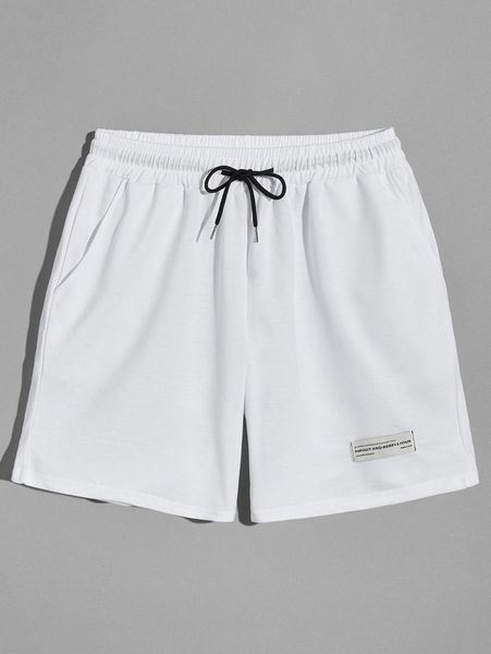 

men letter patched drawstring track shorts 20ht#, Black