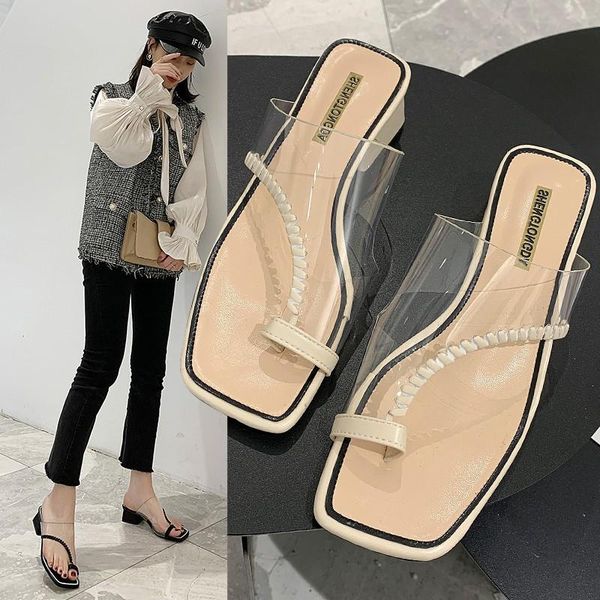 

slippers 2021 designer women low heels slipper slip on square heel summer outdoor sandal fashion pvc transparent shoes woman, Black