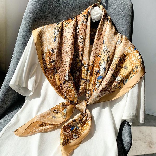

scarves 2021 summer silk 90cm square scarf women fashion beach shawl lady beautiful print muffler headscarf, Blue;gray