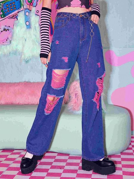 

romwe ripped straight leg jeans i6ea#, Blue