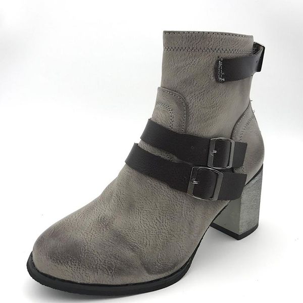 

boots women ankle zipper belt buckle woman platform pu leather shoes female ladies hoof heels 2021 autumn winter fashion, Black