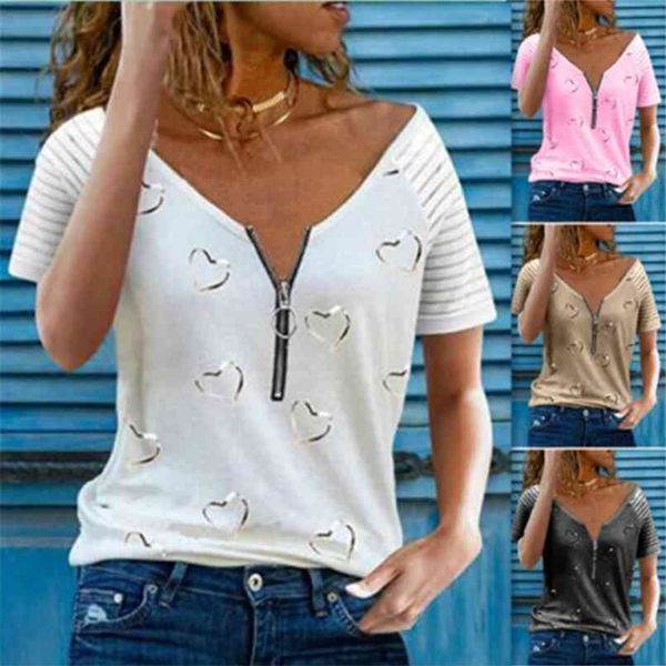 

summer fashion plus size clothing women's printed t shirt v neck zipper casual loose short sleeve 210708, White