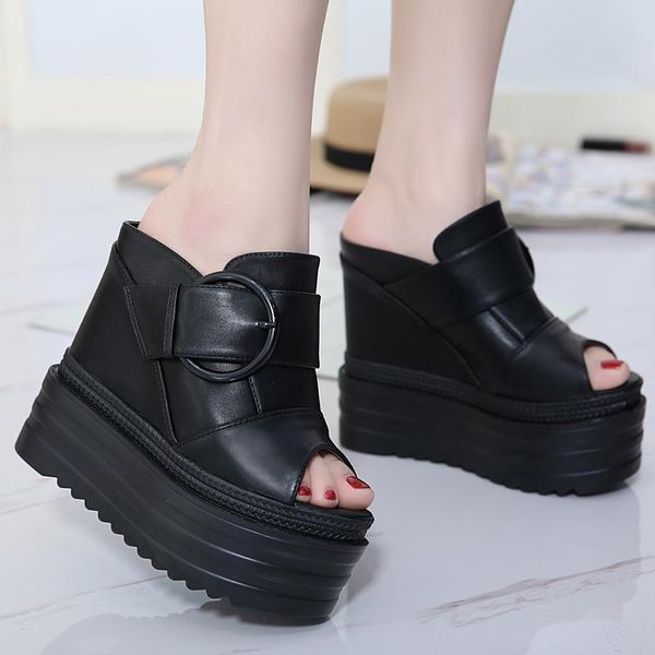 

wedge super high heel increase within shoes muffin bottom women waterproof platform thick sandals and slippers, Black