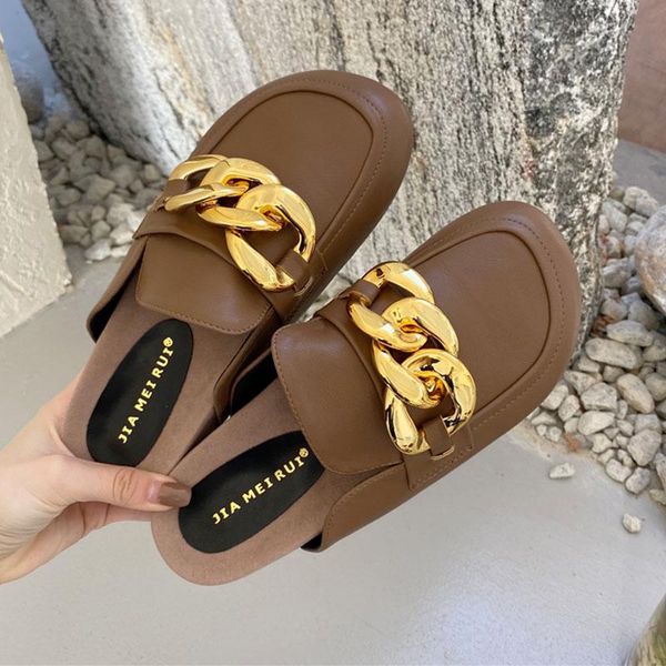 

spring ladies flat mules shoes for women fashion brand gold chain slipper slip on round toe luxury slides slippers, Black