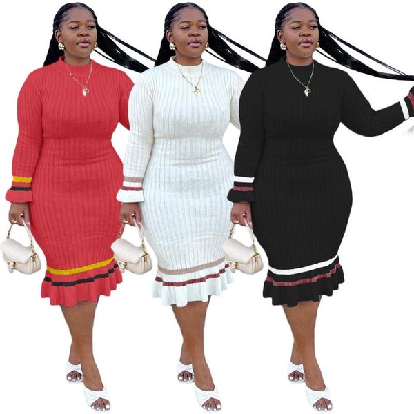 

casual dresses flare long sleeve knitted midi dress women autumn striped bodycon party office ladies wear to work, Black;gray