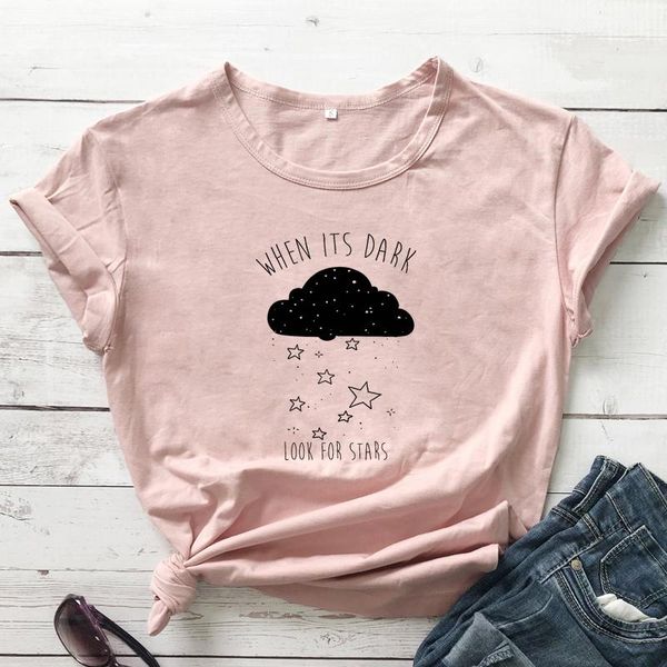 

women's t-shirt when its dark look for the stars aesthetic cloud and nature tshirt cute women inspirational quote tee shirt, White
