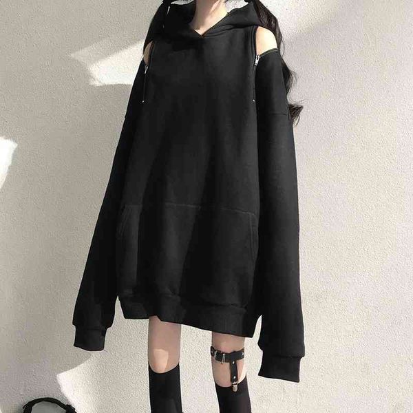

black hooded sweater women's thin loose korean 2021 new spring and autumn harajuku off shoulder jacket