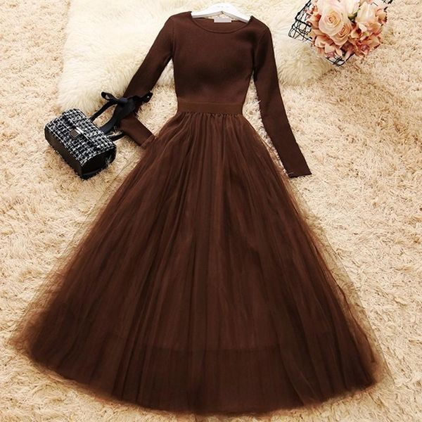 

casual dresses female knit mesh patchwork dress long sleeve ball gown elegant woman knitted a-line wq1286 dropship, Black;gray
