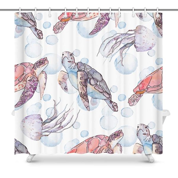 

underwater animal decor shower curtain,watercolor sea turtles and jellyfish ocean animals,fabric water resistant bathroom decor
