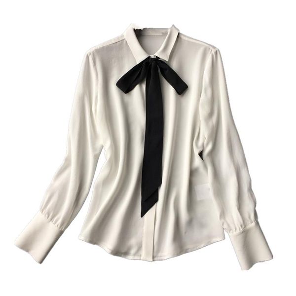 

women's blouses & shirts classic soft heavy sand washed silk crepe long sleeve shirt with black ribbon tie, White