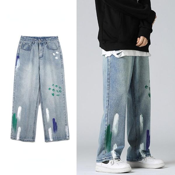 

men's jeans trendy streetwear men graffiti baggy casual straight personality male wide-leg denim pants fashion youth trousers, Blue