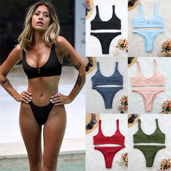

women's swimwear biquinis solid color 2021 push up women triangle padded sport wear bathing 2pcs novelty buttons summer low waist holid, White;black