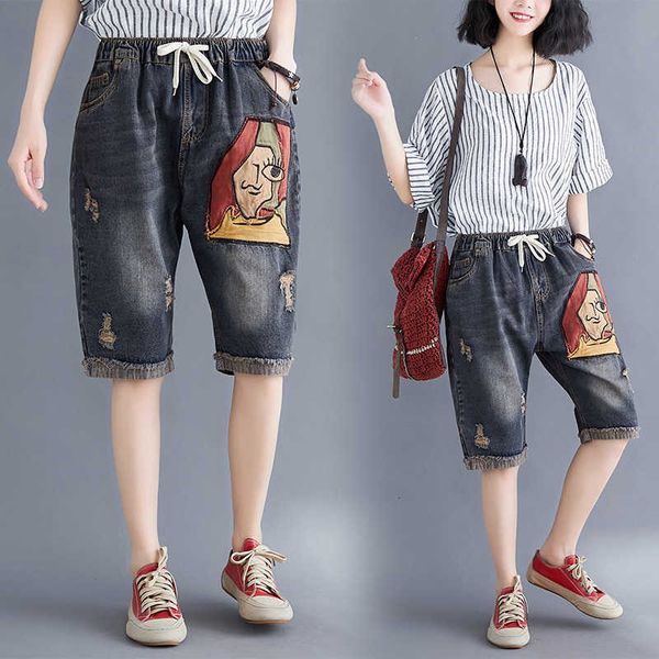 

women's shorts women summer folk style elastic waist abstract painting patchwork oversized half length denim office lady casual short 6, White;black