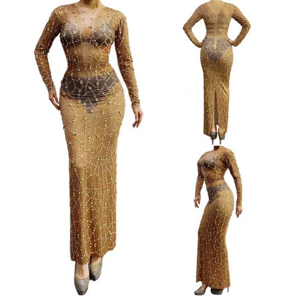 

stage wear celebration bodycon dresses for women sequin long party dress mesh see through diamonds transparent evening gown wea, Black;red