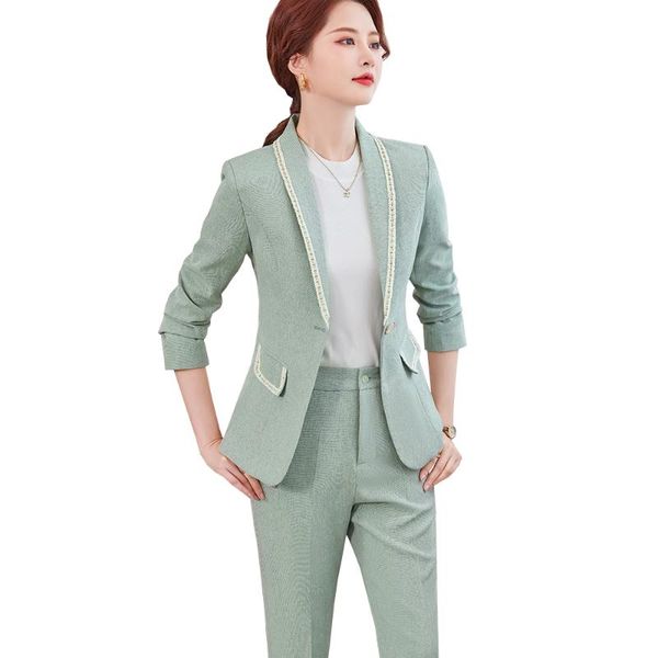

women's two piece pants office formal work wear pant suit jacket ladies pink black green apricot long sleeve classic solid blazer set, White