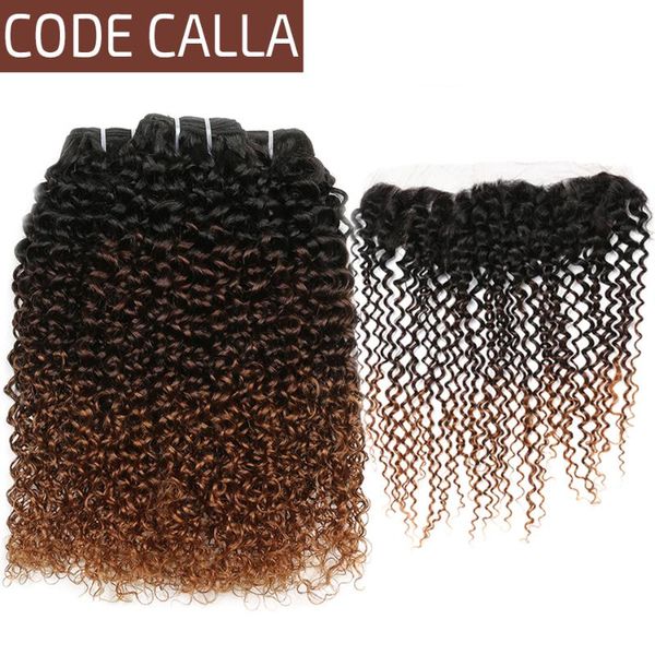 

human hair bulks kinky curly 3 bundles with frontal brazilian ombre weave 13*4 lace codecalla t1b/4/30, Black