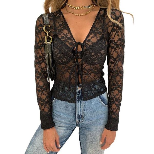 

women's t-shirt ladies v-neck cardigan lace up fashion long sleeve, White