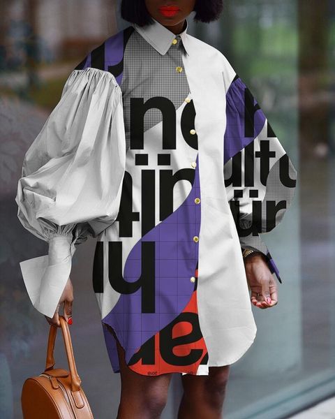 

two piece dress mini shirt casual fashion letter print long lantern sleeve stitching loose es women plus size 4xl 5xl clothing 357, White