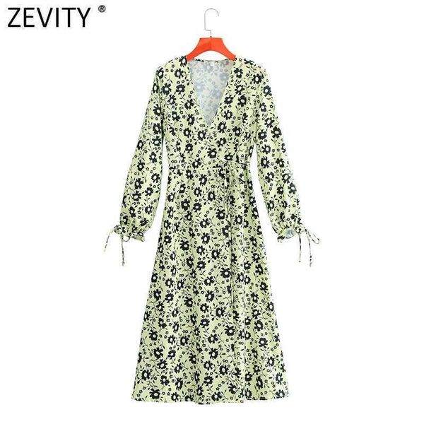 

zevity women elegant cross v neck floral print kimono midi dress female long sleeve casual slim chic party vestido ds4687 210603, Black;gray