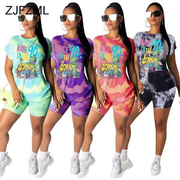 

cartoon character tie dye two piece set women's suit o neck short sleeve t shirt and biker sweatsuit lounge wear tracksuit dress, White