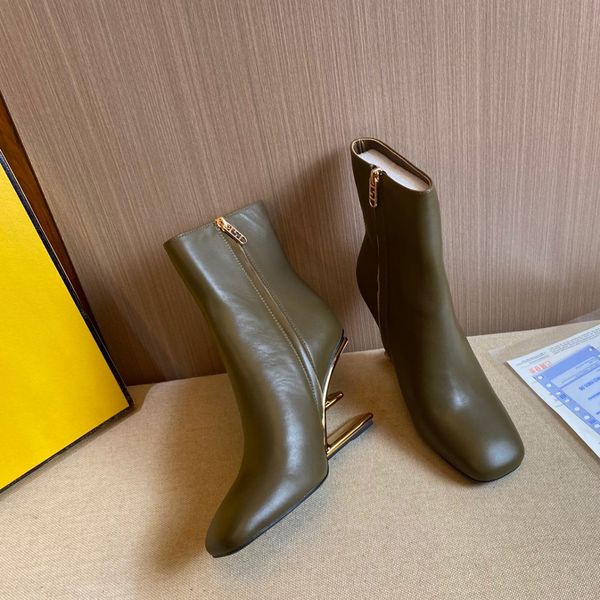 

first sculpted high-heeled ankle boots metallic high heels square toes side zip calfskin leather outsole booties for women luxury designer s, Black