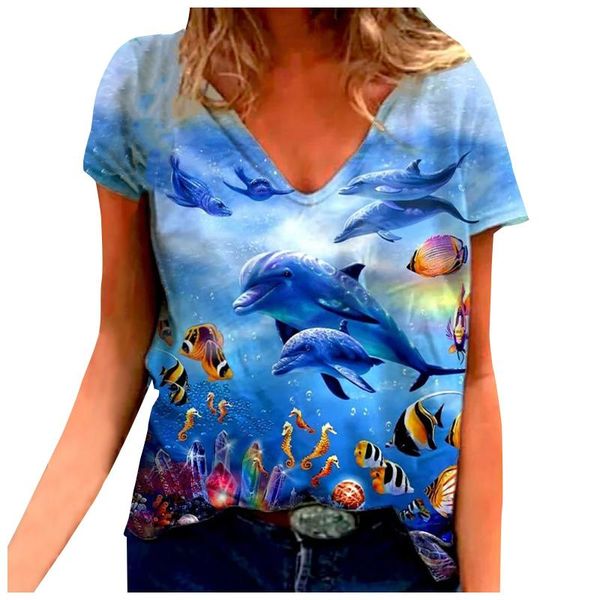 

women's t-shirt summer casual loose v-neck marine animal print short-sleeved korean style plus size women clothing, White