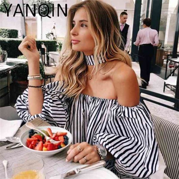 

spring elegant floral plain blue off the shoulder shirts women summer blouse with choker y117 210730, White