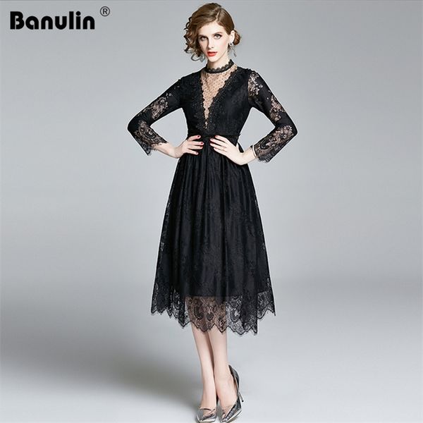 

banulin runway lace dress women black dot mesh hollow out summer backless midi long sleeve party designer 210603, Black;gray