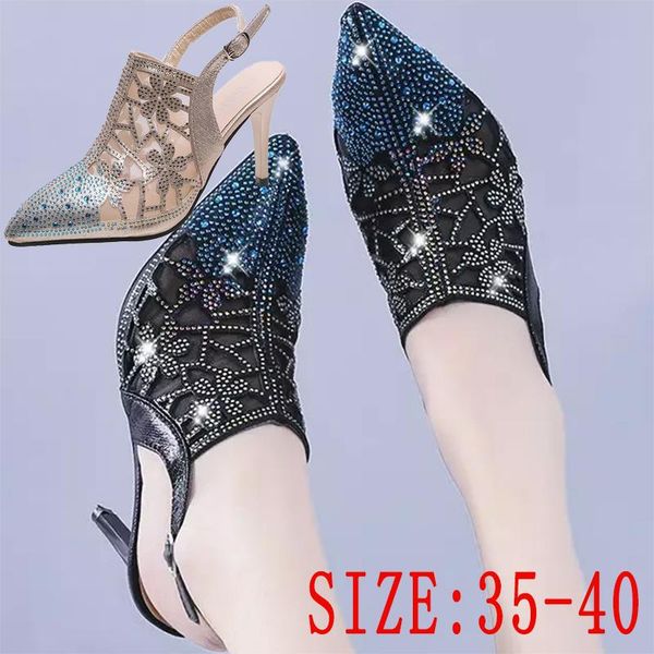 

ladies classic fashion all-match crystal rhinestone high heels 7 cm outdoor half drag slippers sandals casual shoes, Black