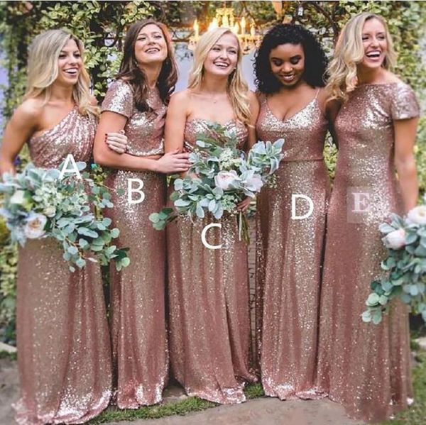 DHL Brautjungfernkleider Einfache Designs Bling Roségold Pailletten Brautjungfernkleider Lang Sexy Bodenlang Boho Plus Size Maßgeschneidert BM0233