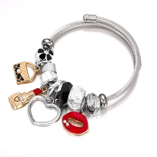 

bangle fashion lipstick heart bag cuff bracelets for women trend retro red lips silver color pendant bangles jewelry wholesale 2021, Black