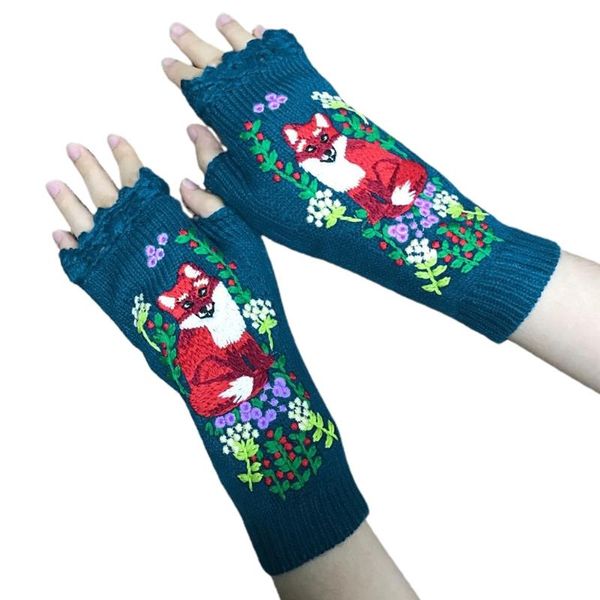 

five fingers gloves women knitted lengthen fingerless animal embroidery mittens arm warmers 649c, Blue;gray