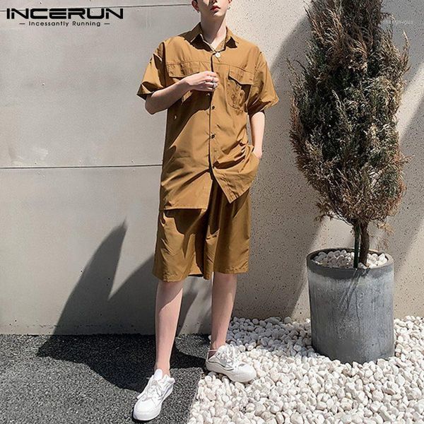 

summer solid color short sleeve buttons shirts casual elastic shorts suits incerun 2021 fashion men sets mens cargo pockets men's track, Gray