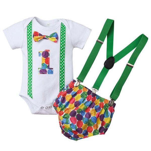 

clothing sets sagac 9-18m children's 1-year-old birthday dot printed bow tie short sleeve khaki + suspenders set trousers outfits, White