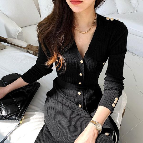 

casual dresses 2021 chic elegant knitted dress woman single-breasted apricot v-neck high waist clothing business autumn, Black;gray