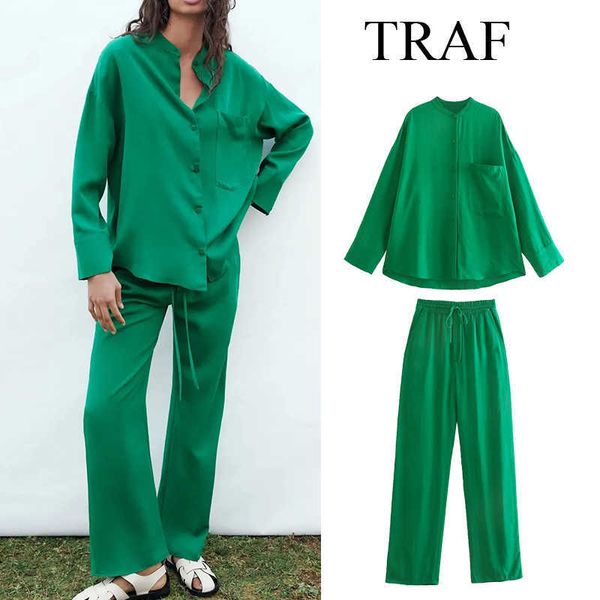 

traf za women's blouse green shirt set tracksuit oversized 2 pieces s high waist elastic pants suits 210930, White