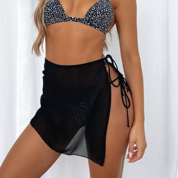 

women beach bikinis cover ups solid white black high waist lace-up split skirts swimsuits bath mesh perspective wraps scarf women's swi