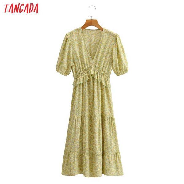 Tangada Outono moda mulheres mulheres amarelas impressão dress druffles manga curta escritório senhoras midi dres 1f186 210609