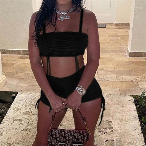 

women's tracksuits avv summer women pants two piece sets sleeveless crop biker shorts outfits ruched bandage solid tracksuit fashion cl, Gray