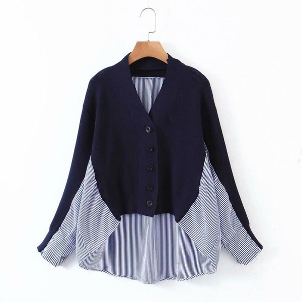 

v neck long sleeve irregular sweater women casual patchwork contrast striped cardigan front high back low jacket pull jumpers 210429, White